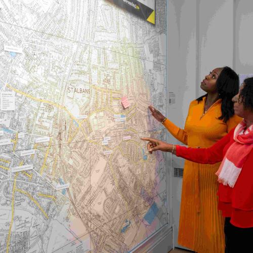 A giant map of St Albans marked with businesses and residential areas with connections to the African Caribbean community in St Albans