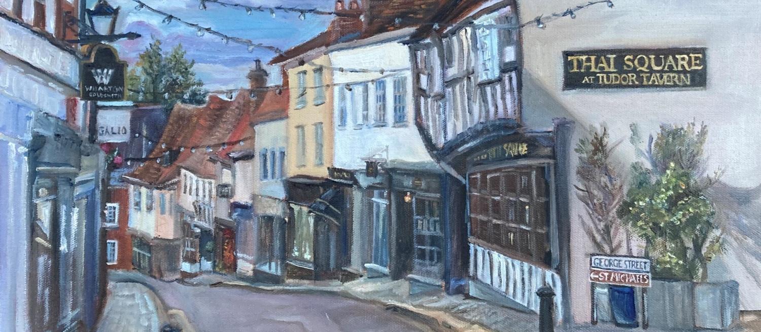 cropped image from a colour oil painting by Donna Borg, showing a view doen George Street St Albans 