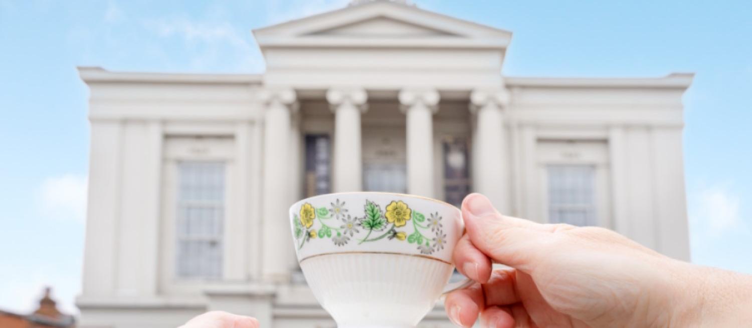 teacup in front of St Albans Museum