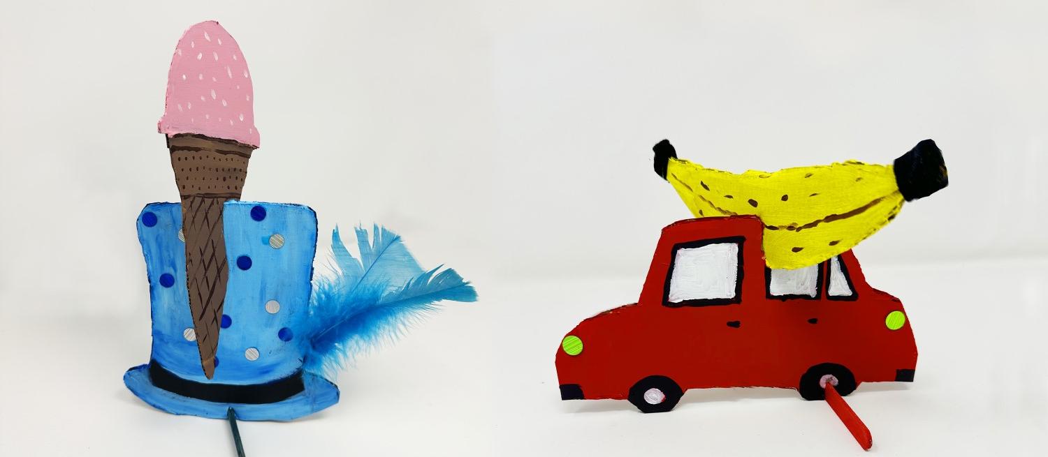 thingambob crafts of ice cream. feather and top hat and also banana car