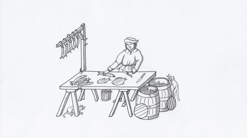 Medieval fishmonger. Drawing by Frances Saxton