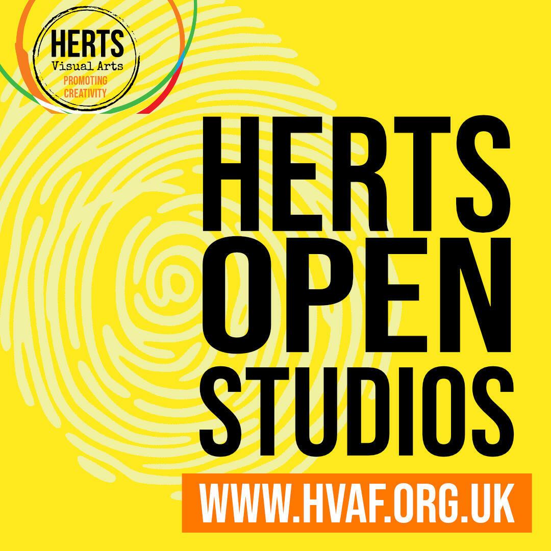 Herts open studios logo, black text on yellow background