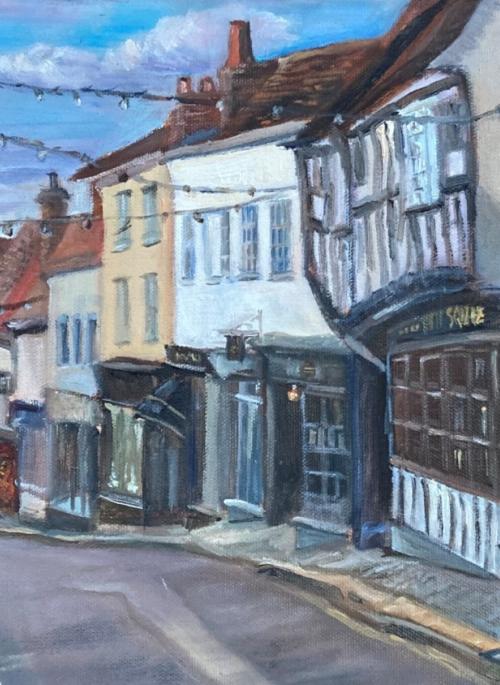 cropped image from a colour oil painting by Donna Borg, showing a view doen George Street St Albans 