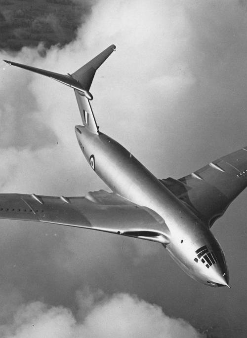 B&W photograph of Victor Aircraft flying over the clouds