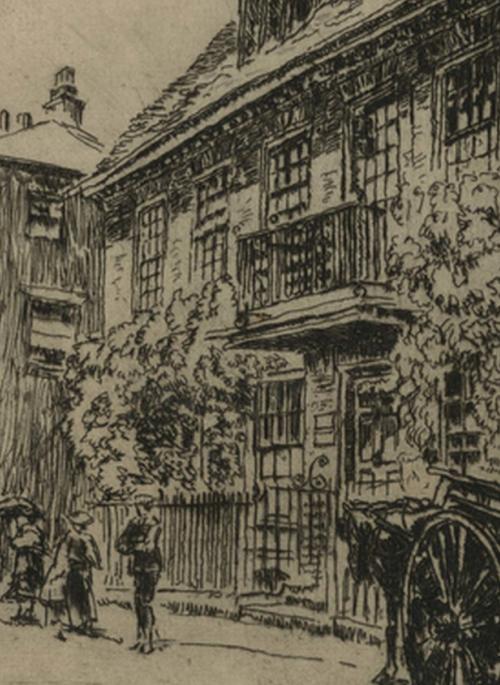 The building with the balcony to the right is known as ‘The Mansion’. Etching dated 1915