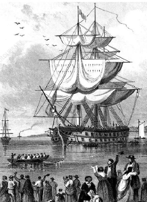 line drawing of a convict sailing ship