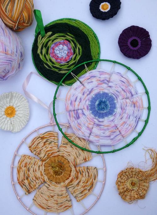 3 circle weaving pieces showing different designs